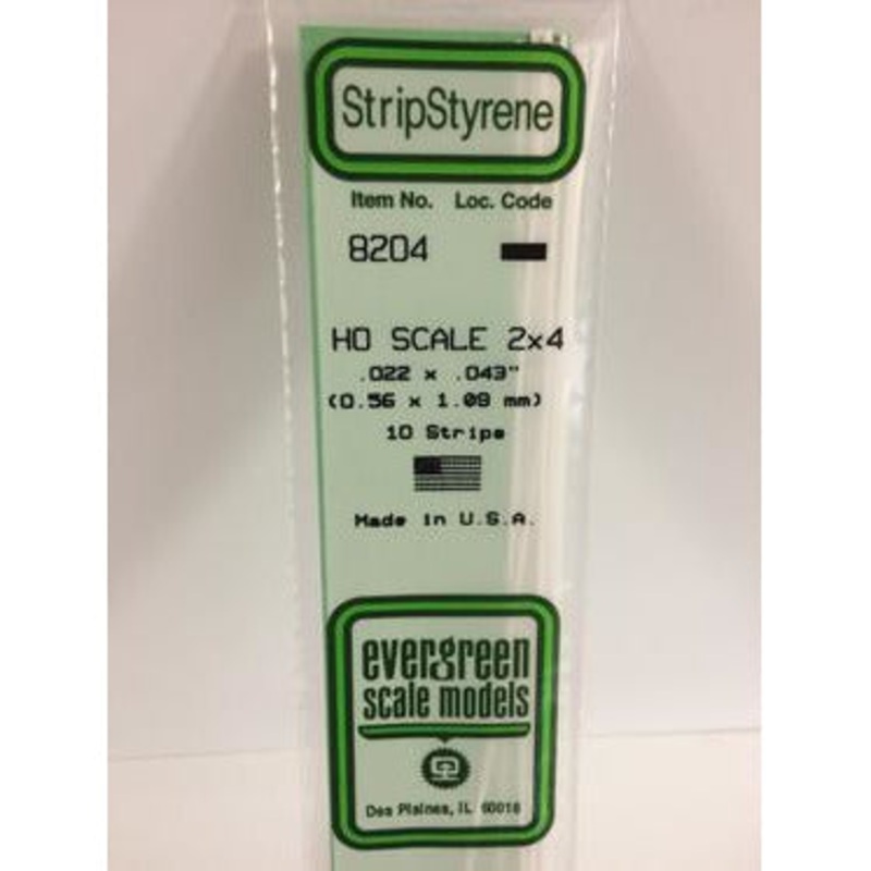 Evergreen #8204 Styrene Strips: HO 2×4 10 pack 0.022 (0.56mm) x 0.043 (1.09mm) x 14 (35cm)