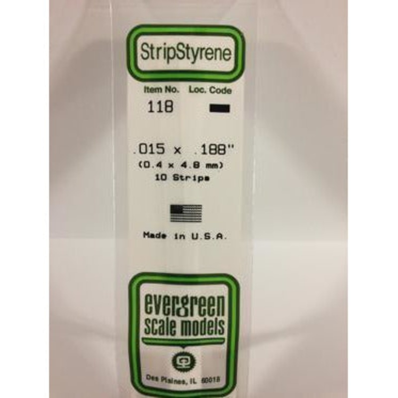 Evergreen #118 Styrene Strips: Dimensional 10 pack 0.015 (0.38mm) x 0.188 (4.8mm) x 14 (35cm)
