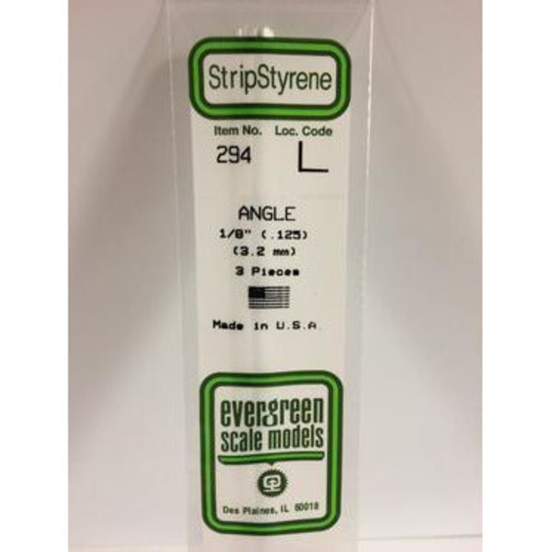 Evergreen #294 Styrene Shapes: Angle 3 pack 1/8, 0.125 (3.2mm) x 0.125 (3.2mm) x 0.020 (0.50mm) Thick