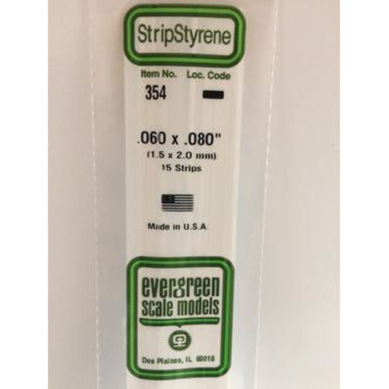 Evergreen #354 Styrene Strips: Dimensional 15 pack 0.060 (1.5mm) x 0.080 (2.0mm) x 24 (60cm)