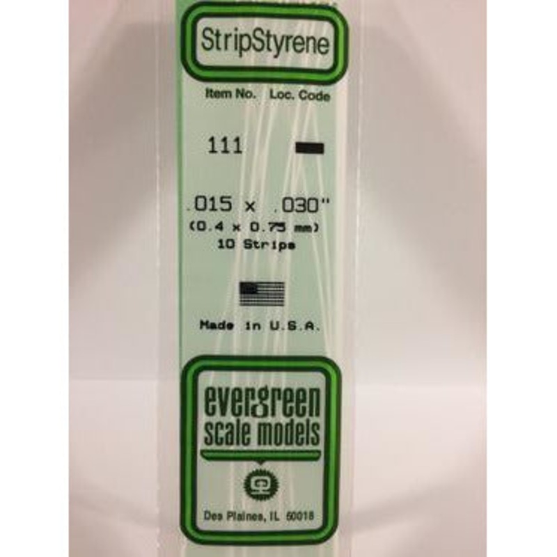 Evergreen #111 Styrene Strips: Dimensional 10 pack 0.015 (0.38mm) x 0.030 (0.75mm) x 14 (35cm)