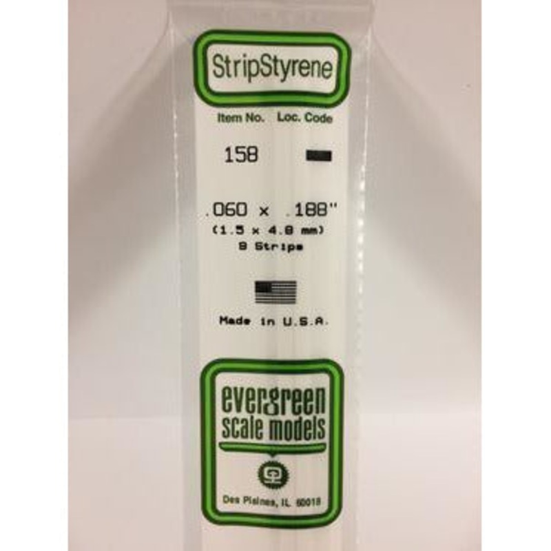 Evergreen #158 Styrene Strips: Dimensional 9 pack 0.060 (1.5mm) x 0.188 (4.8mm) x 14 (35cm)