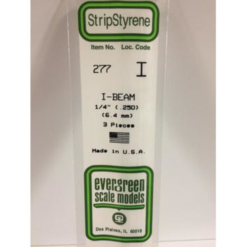 Evergreen #277 Styrene Shapes: I-Beam 1/4 3 pack 0.250 (6.3mm) x W: 0.113 (2.9mm) x FT: 0.016 (0.41mm) x WT: 0.025 (0.64mm)