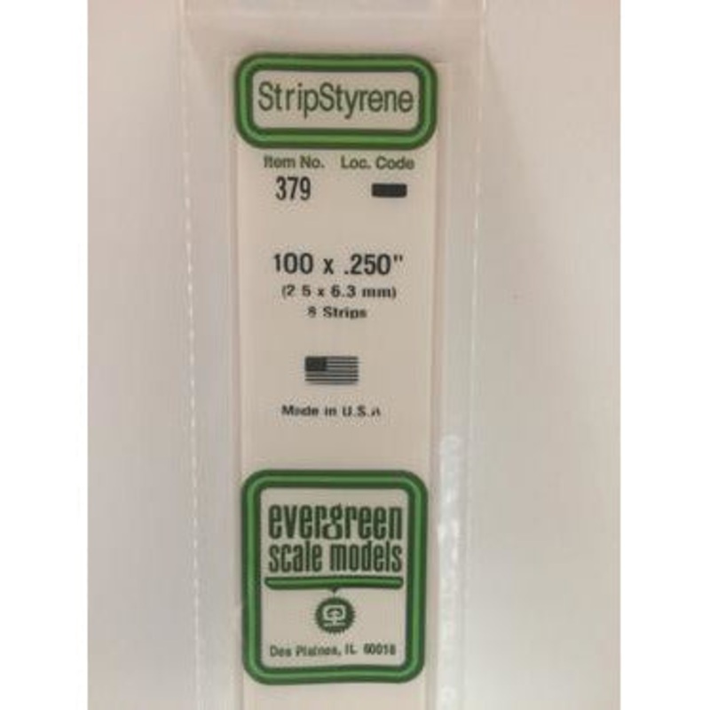 Evergreen #379 Styrene Strips: Dimensional 8 pack 0.100 (2.5mm) x 0.250 (6.3mm) x 24 (60cm)