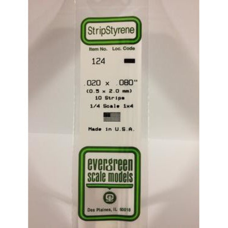 Evergreen #124 Styrene Strips: Dimensional 10 pack 0.020 (0.50mm) x 0.080 (2.0mm) x 14 (35cm)