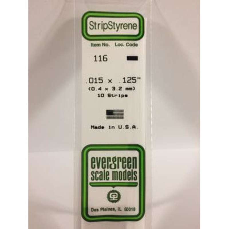 Evergreen #116 Styrene Strips: Dimensional 10 pack 0.015 (0.38mm) x 0.125 (3.2mm) x 14 (35cm)