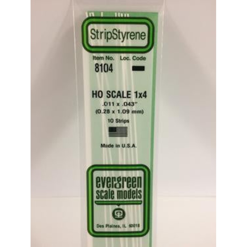 Evergreen #8104 – .011 X .043 Opaque White Polystyrene Ho Scale Strips (1×4)