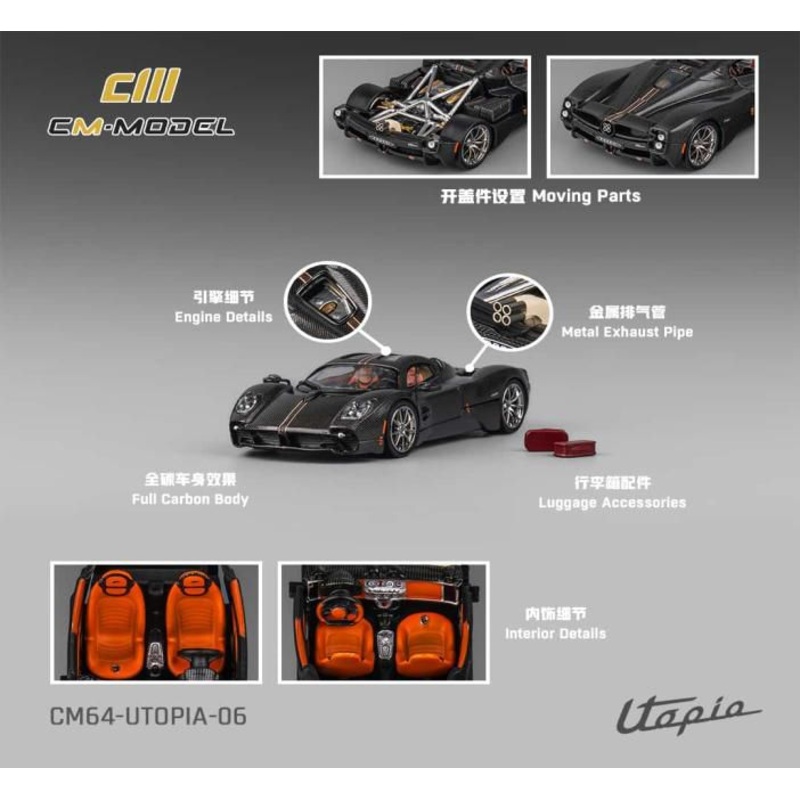 [ Back-order ] CM-MODEL CM64-UTOPIA-06 1:64 Pagani Utopia Full Carbon Fiber/Red Line model car