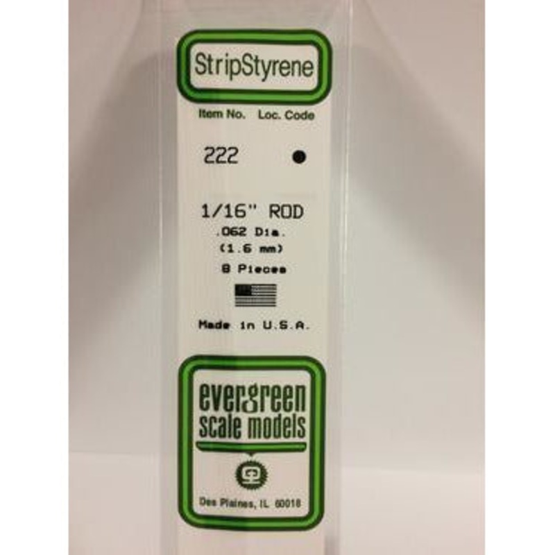 Evergreen #222 Styrene Rods: 1/16 10 pack 0.062 (1.6mm) OD x 14 (35cm)