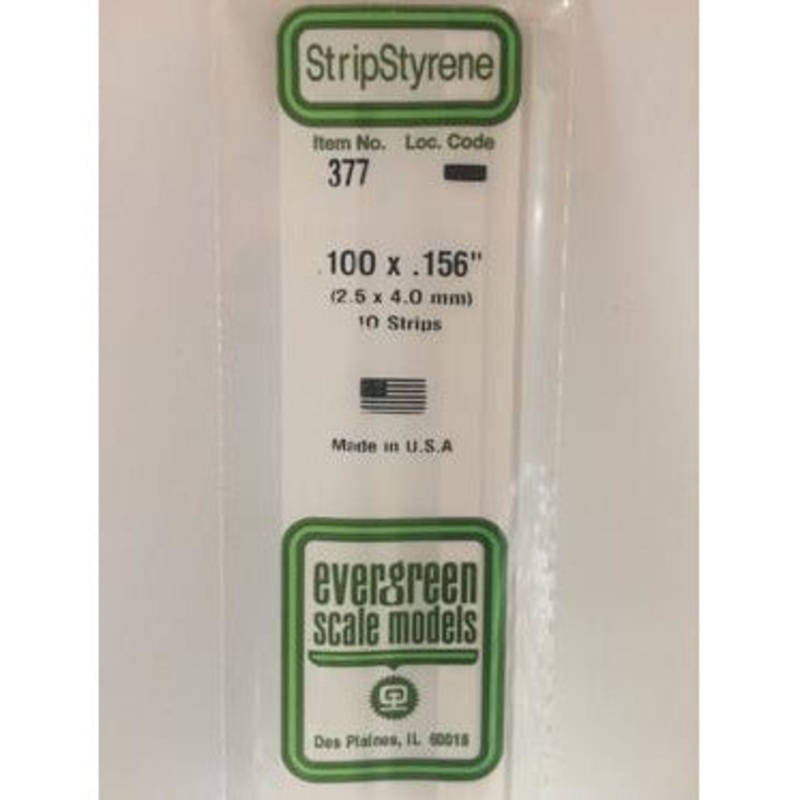 Evergreen #377 Styrene Strips: Dimensional 10 pack 0.100 (2.5mm) x 0.156 (4.0mm) x 24 (60cm)