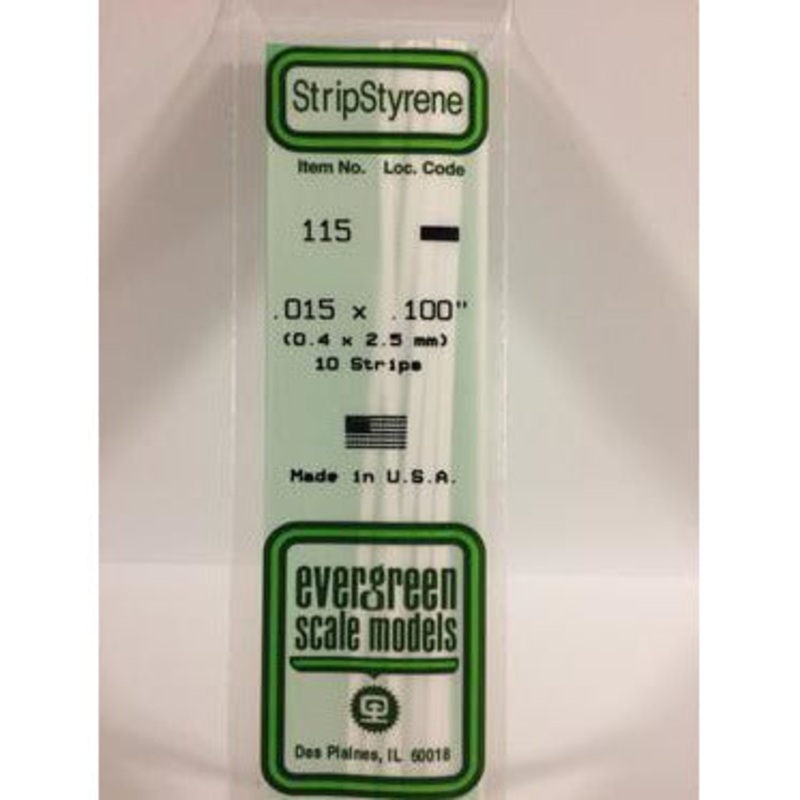 Evergreen #115 Styrene Strips: Dimensional 10 pack 0.015 (0.38mm) x 0.100 (2.5mm) x 14 (35cm)