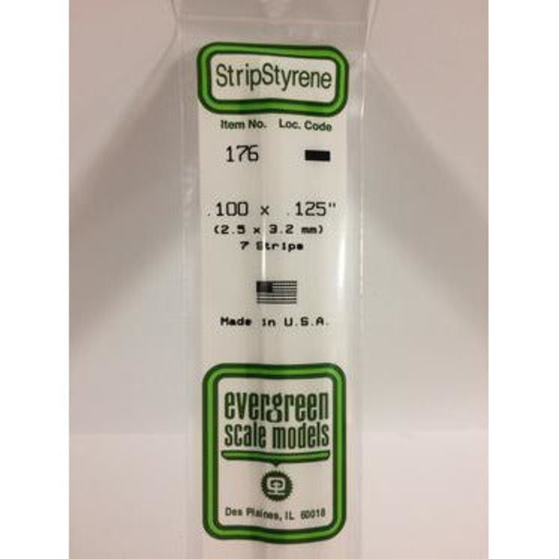 Evergreen #176 Styrene Strips: Dimensional 8 pack 0.100 (2.5mm) x 0.125 (3.2mm) x 14 (35cm)