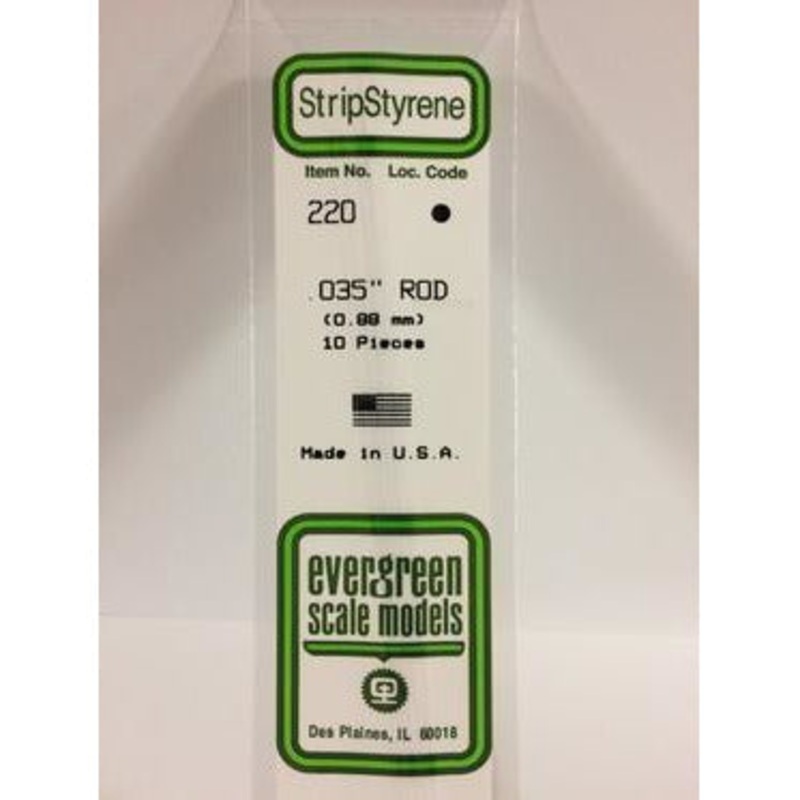 Evergreen #220 Styrene Rods: 10 pack 0.035 (0.88mm) OD x 14 (35cm)