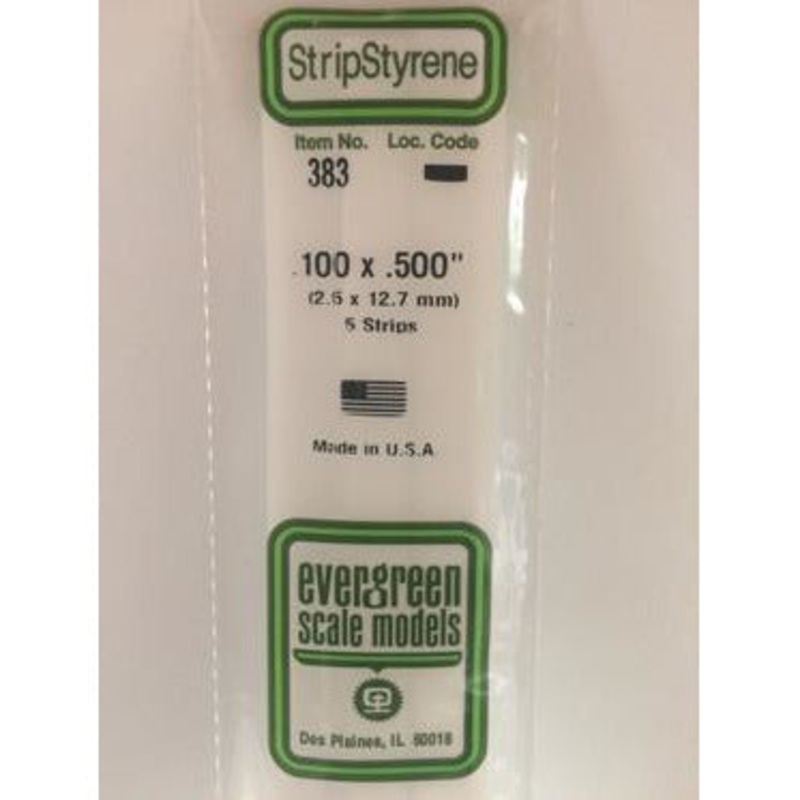 Evergreen #383 Styrene Strips: Dimensional 5 pack 0.100 (2.5mm) x 0.500 (12.7mm) x 24 (60cm)