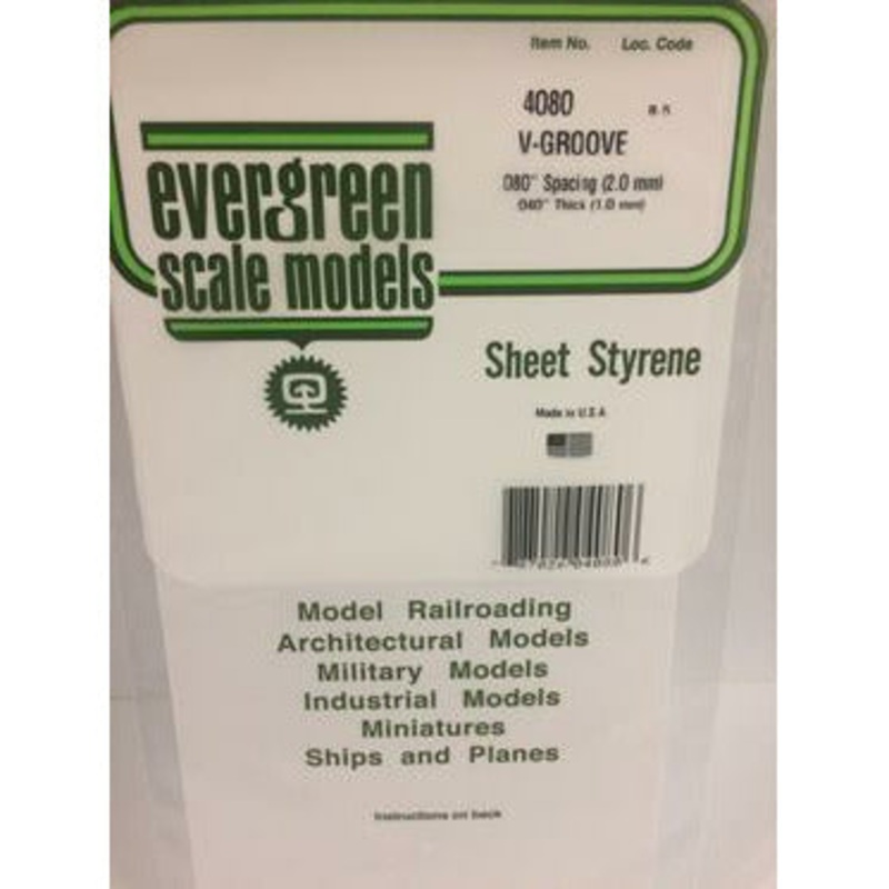 Evergreen #4080 Styrene Siding: 0.040 V-Groove 0.080 (2.0mm) Spacing 6 x 12