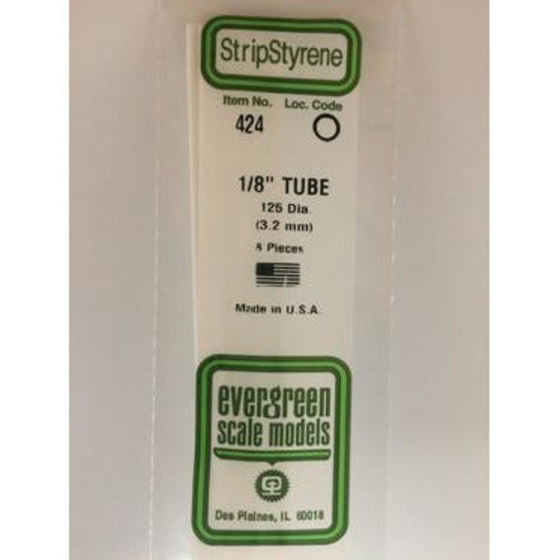 Evergreen #424 Styrene Tubes: Round 1/8 8 pack 0.125 (3.2mm) OD x 24 (60cm)