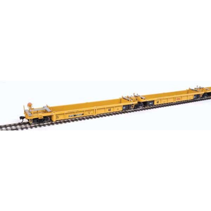 Thrall 5-Unit Rebuilt 40′ Well Car – TTX DTTX #748227 A-E (yellow, black, small red logo, yellow conspicuity stripe) [HO]