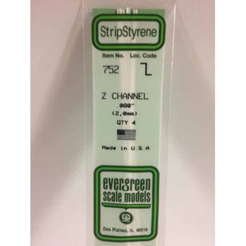 Evergreen #752 Styrene Shapes: Z Channel 4 pack 0.080 (2.0mm) x W: 0.040 (1.0mm) x WT: 0.016 (0.40mm) x FT: 0.016 (0.40mm)