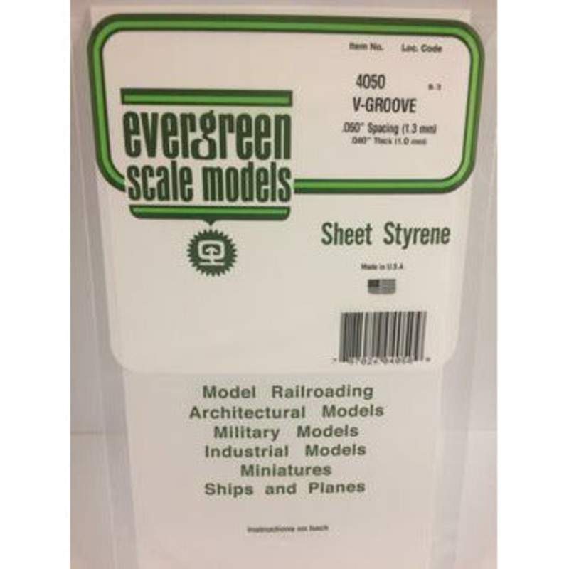 Evergreen #4050 Styrene Siding: 0.040 V-Groove 0.050 (1.3mm) Spacing 6 x 12