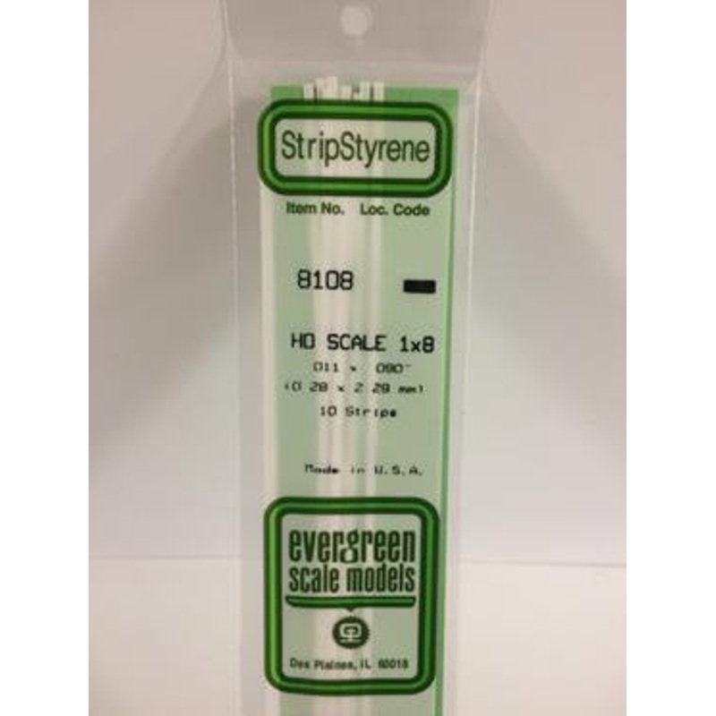 Evergreen #8108 – .011 X .090 Opaque White Polystyrene Ho Scale Strips (1×8)