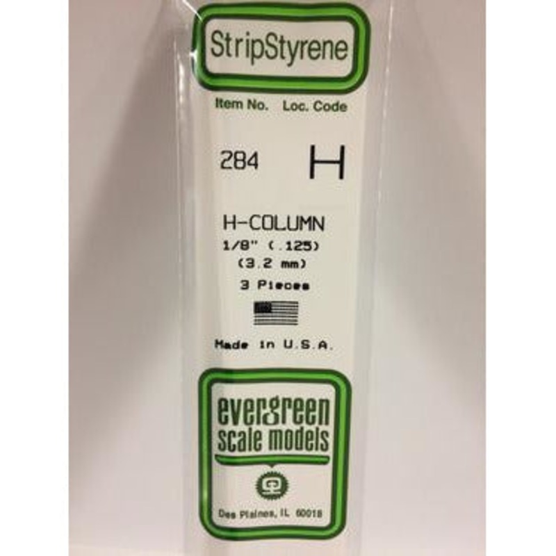 Evergreen #284 Styrene Shapes: H-Column 1/8 3 pack 0.125 (3.2mm) x W: 0.116 (2.9mm) x FT: 0.011 (0.27mm) x WT: 0.020 (0.50mm)