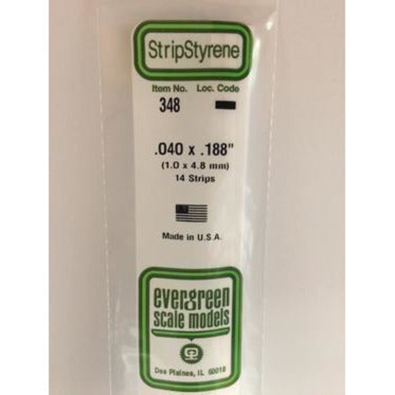 Evergreen #348 Styrene Strips: Dimensional 14 pack 0.040 (1.0mm) x 0.188 (4.8mm) X 24 (60cm)