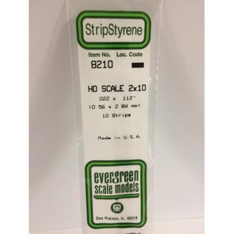 Evergreen #8210 Styrene Strips: HO 2×10 10 pack 0.022 (0.56mm) x 0.112 (2.84mm) x 14 (35cm)