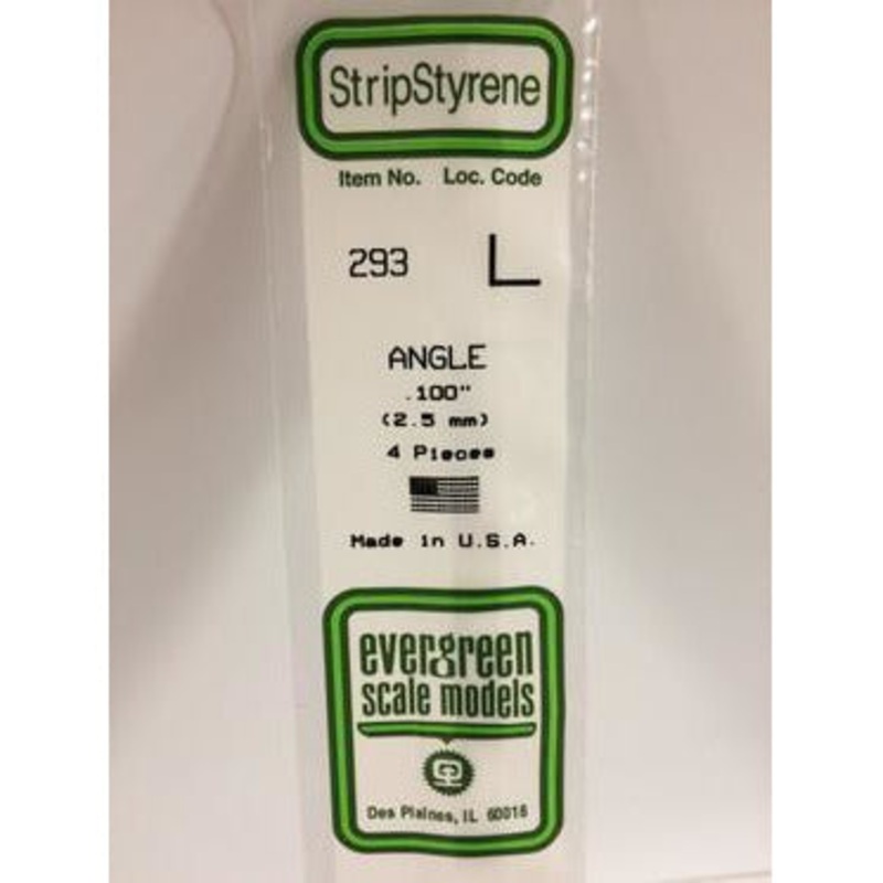 Evergreen #293 Styrene Shapes: Angle 4 pcs 0.100 (2.5mm) x 0.100 (2.5mm) x 0.018 (0.45mm) Thick