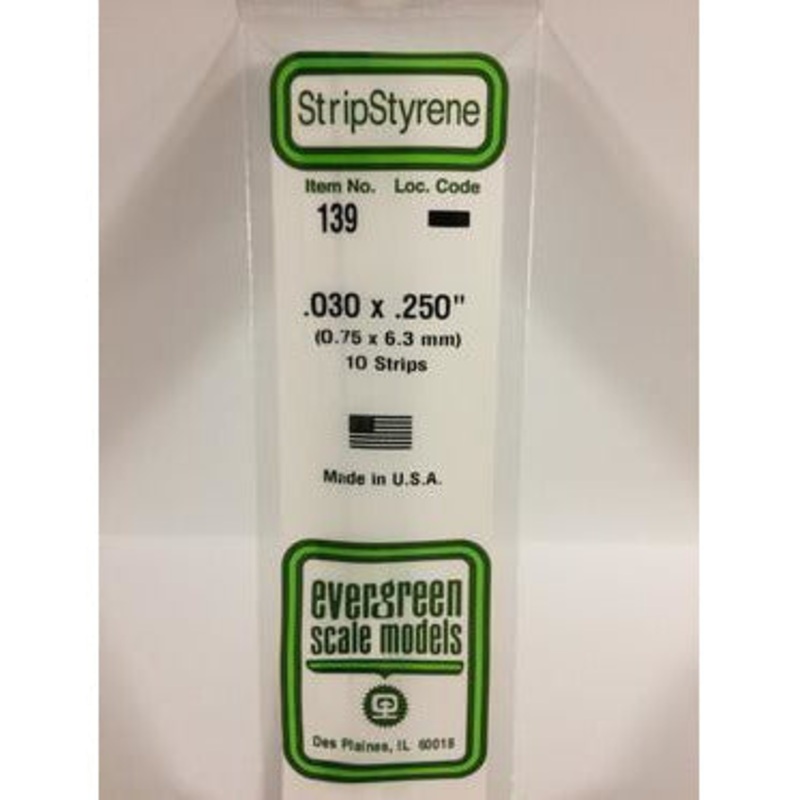 Evergreen #139 Styrene Strips: Dimensional 10 pack 0.030 (0.75mm) x 0.250 (6.3mm) x 14 (35cm)