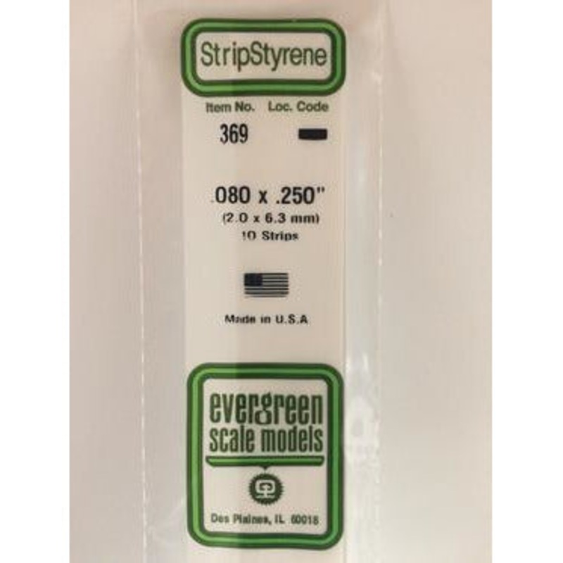 Evergreen #369 Styrene Strips: Dimensional 10 pack 0.080 (2.0mm) x 0.250 (6.3mm) x 24 (60cm)