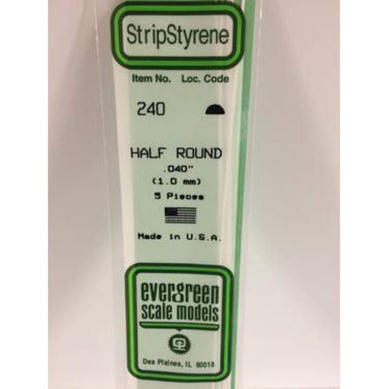 Evergreen #240 Styrene Shapes: Half Round 5 pack 0.040 (1.0mm) x 14 (35cm)