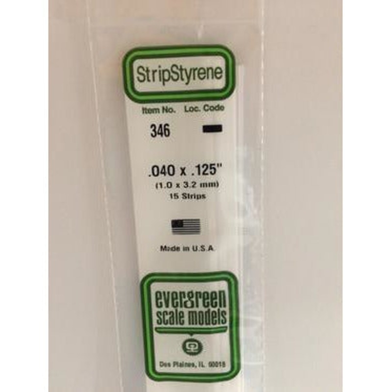 Evergreen #346 Styrene Strips: Dimensional 15 pack 0.040 (1.0mm) x 0.125 (3.2mm) X 24 (60cm)