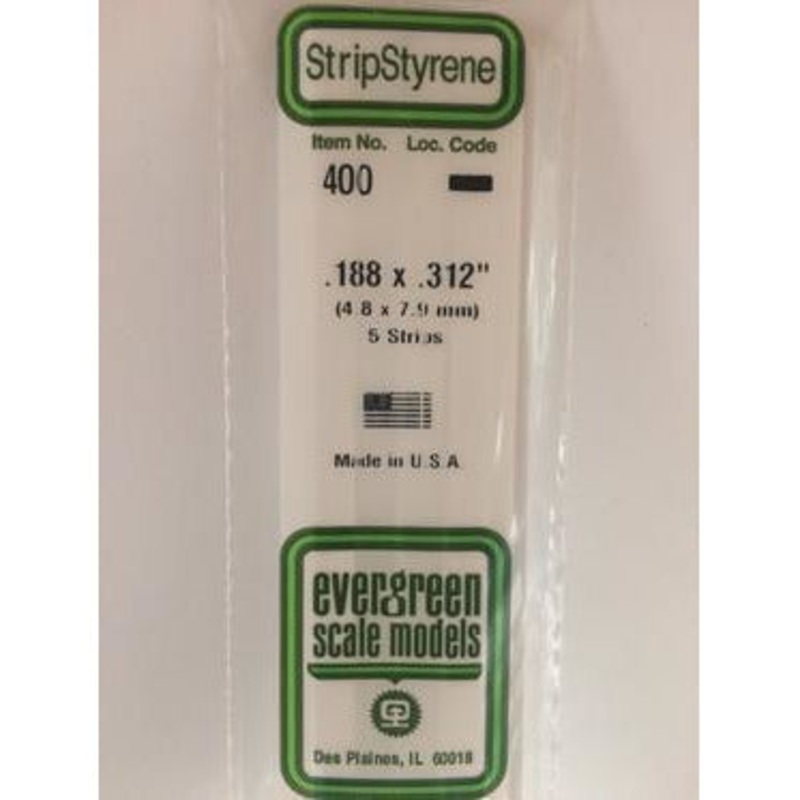 Evergreen #400 Styrene Strips: Dimensional 5 pack 0.188 (4.8mm) x 0.312 (7.9mm) x 24 (60cm)