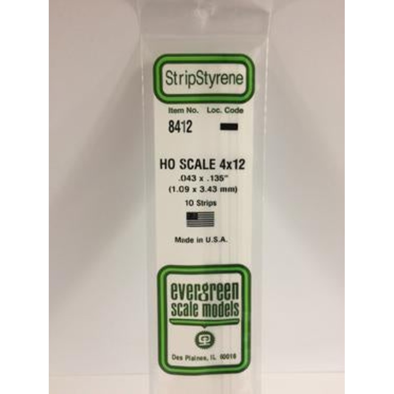 Evergreen #8412 – .043 X .135 / 1.1mm X 3.4mm Opaque White Polystyrene Ho Scale Strips (4×12)