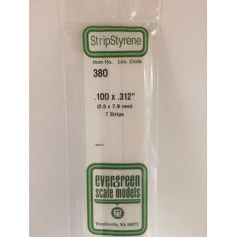 Evergreen #380 Styrene Strips: Dimensional 7 pack 0.100 (2.5mm) x 0.312 (7.9mm) x 24 (60cm)