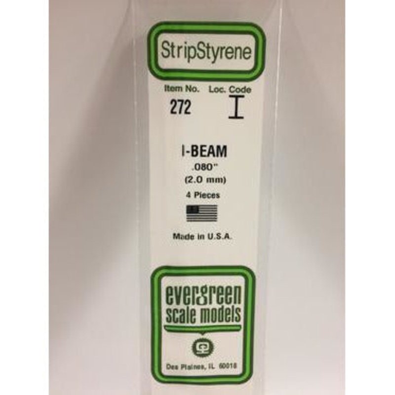 Evergreen #272 Styrene Shapes: I-Beam 4 pack 0.080 (2.0mm) x W: 0.051 (1.3mm) x FT: 0.009 (0.23mm) x WT: 0.017 (0.43mm)