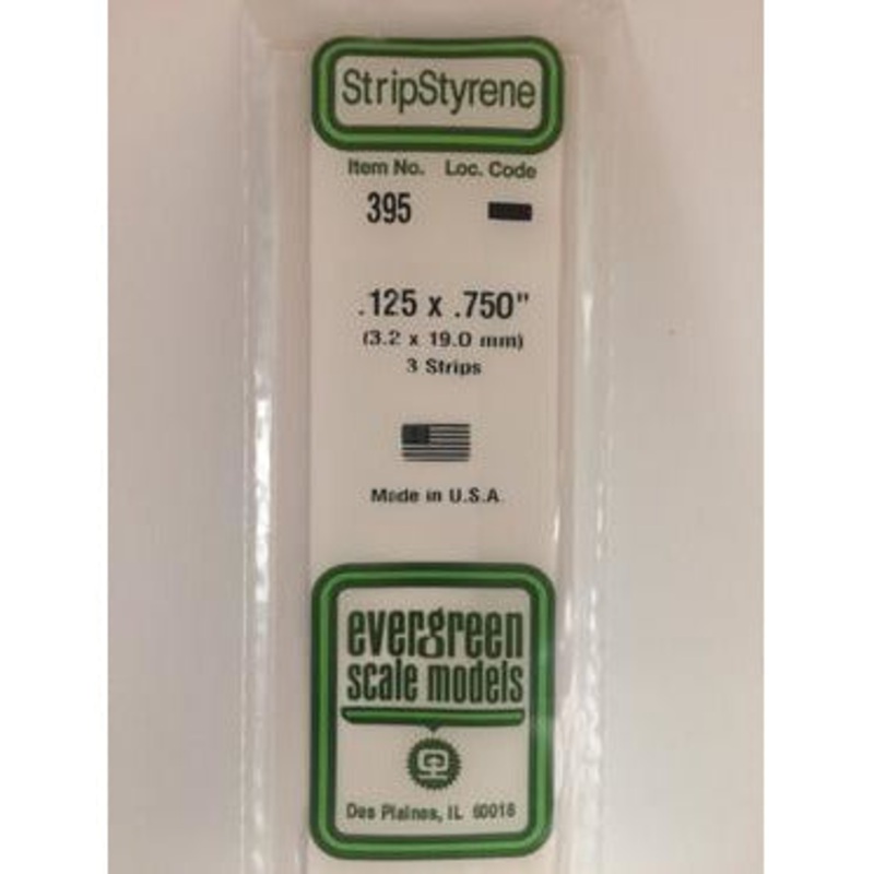 Evergreen #395 Styrene Strips: Dimensional 3 pack 0.125 (3.2mm) x 0.750 (19.0mm) x 24 (60cm)