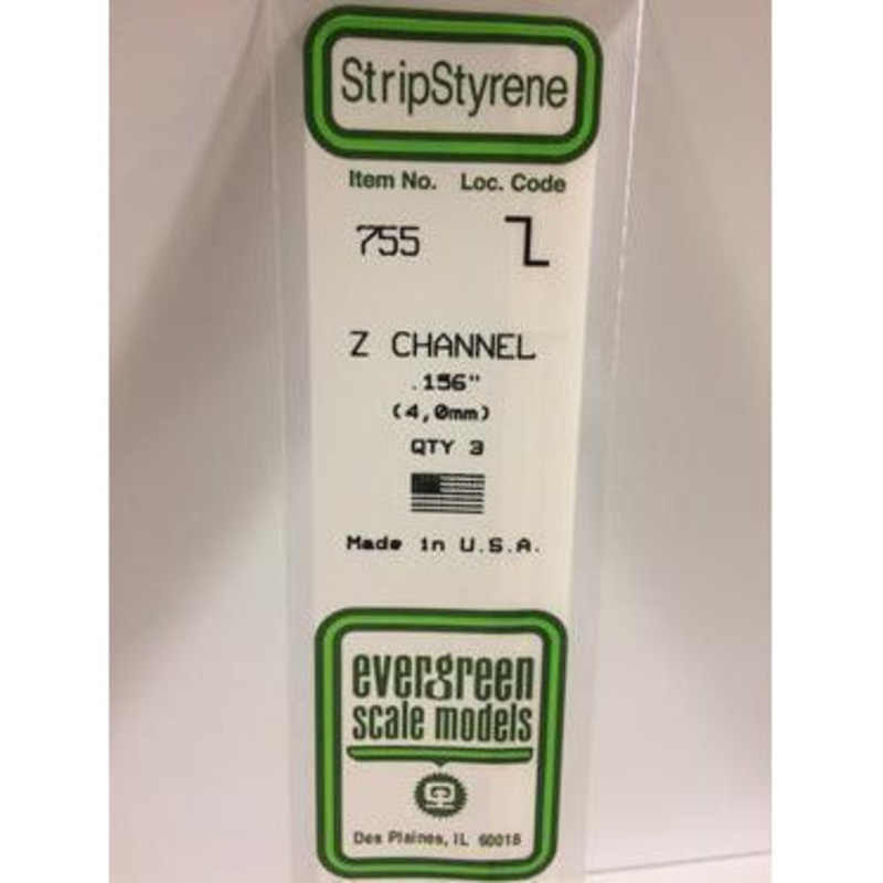 Evergreen #755 Styrene Shapes: Z Channel 3 pack 0.156 (4.0mm) x W: 0.078 (2.0mm) x WT: 0.023 (0.60mm) x FT: 0.023 (0.60mm)
