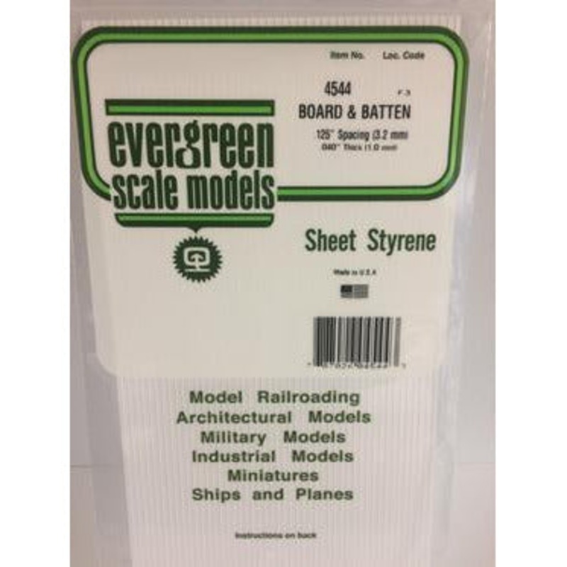 Evergreen #4544 Styrene Siding: Board and Batten 0.125 (32.mm) Groove Spacing (Board), .025 (62mm) Rib Width (Batten)