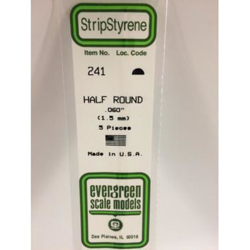 Evergreen #241 Styrene Shapes: Half Round 5 pack 0.060 (1.5mm) x 14 (35cm)