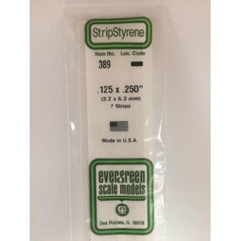 Evergreen #389 Styrene Strips: Dimensional 7 pack 0.125 (3.2mm) x 0.250 (6.3mm) x 24 (60cm)