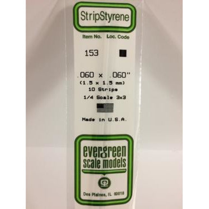 Evergreen #153 Styrene Strips: Dimensional 10 pack 0.060 (1.5mm) x 0.060 (1.5mm) x 14 (35cm)