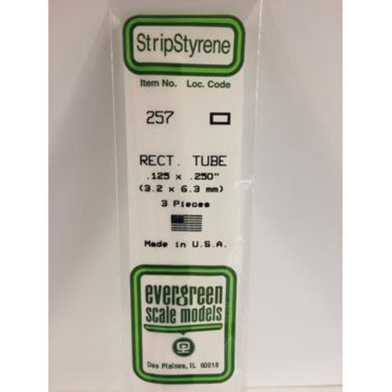 Evergreen #257 Styrene Tubes: Rectangular 3 pack 0.125 (3.2mm) x 0.250 (6.3mm) x 14 (35cm)