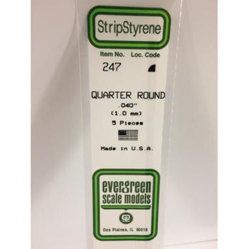 Evergreen #247 Styrene Shapes: Quarter Round 5 pack 0.040 (1.0mm) x 14 (35cm)