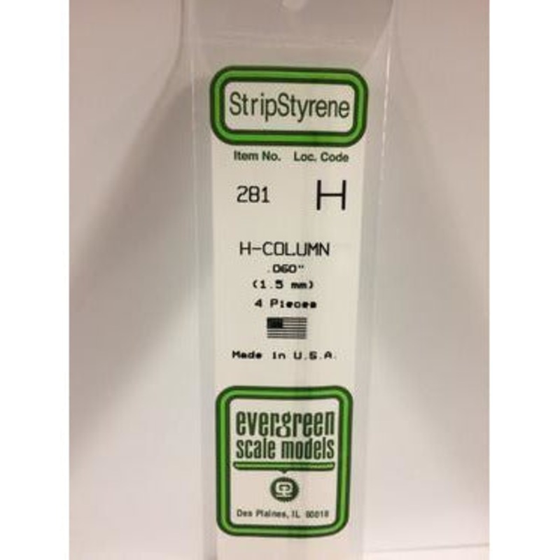 Evergreen #281 Styrene Shapes: H-Column 4 pack 0.060 (1.5mm) x W: 0.060 (1.5mm) x FT: 0.009 (0.22mm) x WT: 0.017 (0.43mm)