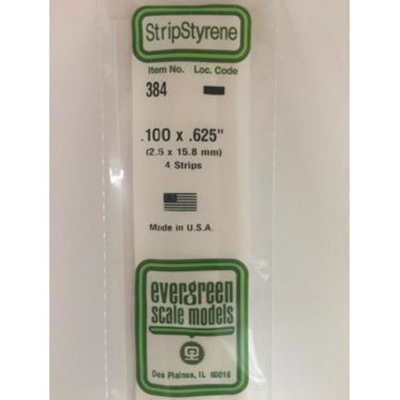 Evergreen #384 Styrene Strips: Dimensional 4 pack 0.100 (2.5mm) x 0.625 (15.8mm) x 24 (60cm)