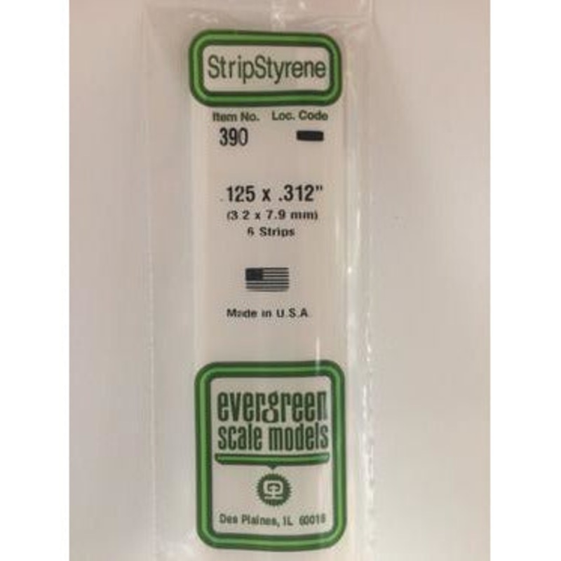 Evergreen #390 Styrene Strips: Dimensional 6 pack 0.125 (3.2mm) x 0.312 (7.9mm) x 24 (60cm)
