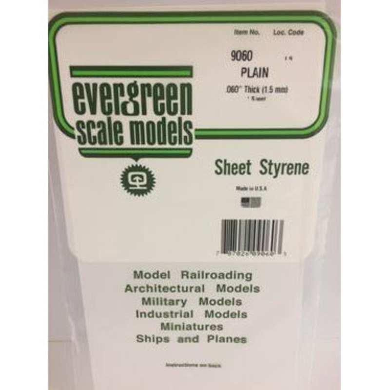 Evergreen #9060 Styrene Sheets: Plain 1 pack 0.060 (1.5mm) x 6 x 12