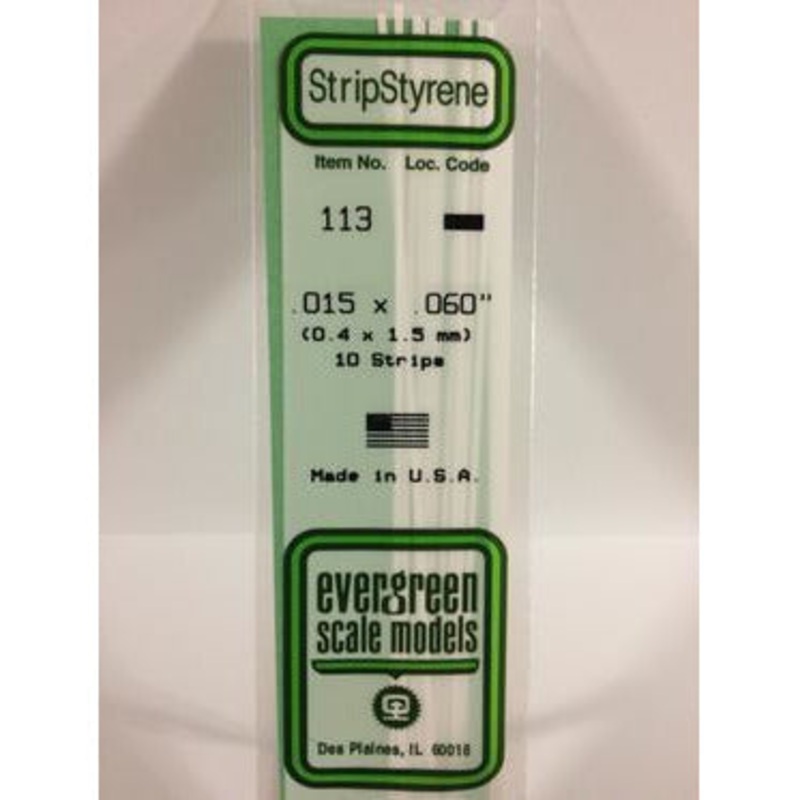 Evergreen #113 Styrene Strips: Dimensional 10 pack 0.015 (0.38mm) x 0.060 (1.5mm) x 14 (35cm)