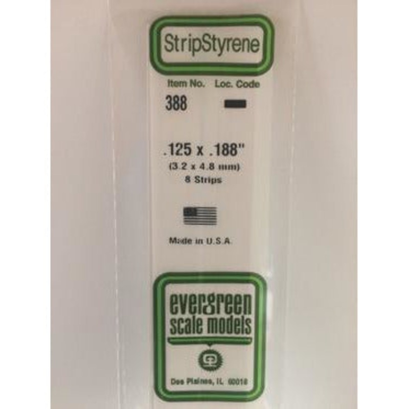 Evergreen #388 Styrene Strips: Dimensional 8 pack 0.125 (3.2mm) x 0.188 (4.8mm) x 24 (60cm)